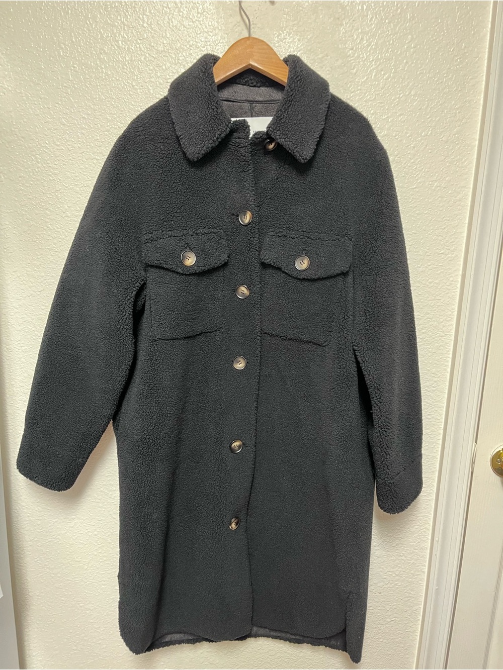 Rebecca Minkoff Sherpa Peacoat Jacket Women’s L Black Teddy Long Faux Shearling
